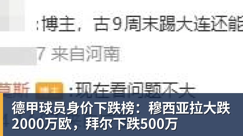 德甲球员身价下跌榜：穆西亚拉大跌2000万欧，拜尔下跌500万